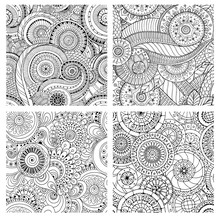 Set Of Seamless Pattern With Flowers. Ornate Zentangle Textures.