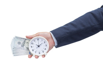 Businessman hand holding clock and money isolated on white backg