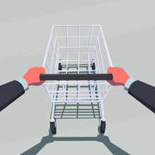 Male Hands Pushing Empty Shopping Cart. Retro Style Illustration. Personal Point Of View. Layered File.