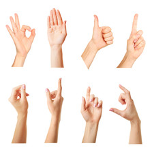 Collage Of  Hands Showing Different Gestures, Isolated On White