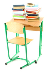 Canvas Print - Wooden desk with books and chair isolated on white