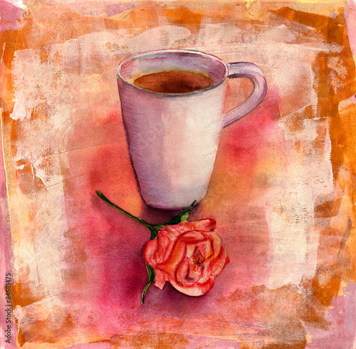 Naklejka dekoracyjna Watercolor cup of tea with tea rose on colorful artistic background