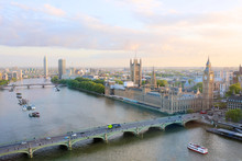 Beautiful Panoramic Scenic View On London's Southern Part From Window Of London Eye Tourist Attraction Wheel Cabin: Cityscape, Westminster Abbey, Big Ben, Houses Of Parliament And Thames River