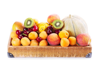 Wall Mural - fresh various fruits in wooden box