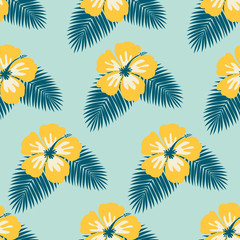 Poster - hibiscus flowers and palm leaves seamless pattern