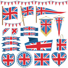 Wall Mural - uk union jack flags ribbons bunting emblems vector red white blue clipart isolated on white