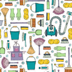 Vector seamless pattern with hand drawn symbols of cleaning services company. Background for use in design, web site, packing, textile, fabric