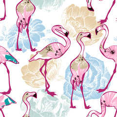 Wall Mural - Exotic seamless pattern, flowers and flamingos