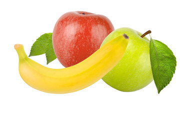 Green and red apples with leaves isolated on white background