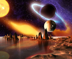 Alien Planet With planets, Earth Moon And Mountains . 3D Rendered Computer Artwork. Elements of this image furnished by NASA