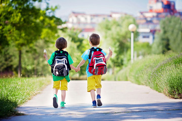 Two adorable boys in colorful clothes and backpacks, walking awa