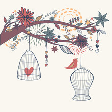 Vector Romantic Illustration With Bird Out Of Cages, Branch And Flowers. Freedom Concept Card.