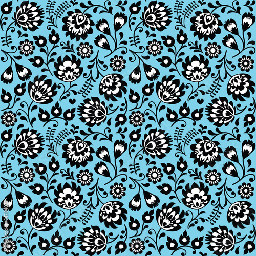 Cotton fabric Seamless Polish folk art blue floral pattern