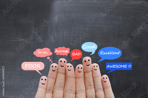 Fotografie, Obraz Customer satisfaction scale and testimonials concept with happy human fingers on