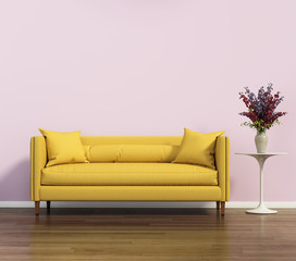 Yellow sofa over a pink wall