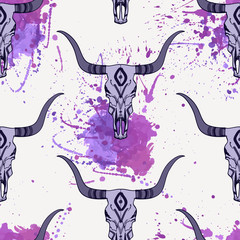 Wall Mural - Vector seamless pattern with bull skull with ethnic ornament and watercolor splashes