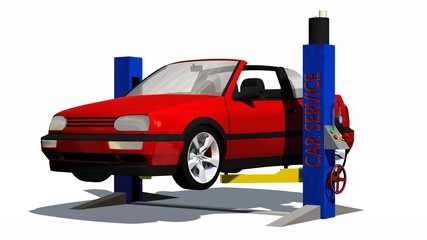 Car repair - Car on hydraulic ramp - isolated 