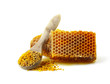 Honeycomb and a spoon with pollen.