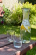 Karafka pełna wody z miętą, cytryną i lodem stojąca na ławce w ogrodzie