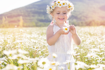 Wall Mural - Cute little girl in the chamomile field