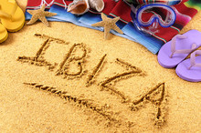 Ibiza Spain Word Written In Sand On A Sandy Beach Background With Star Fish And Accessories Summer Spanish Island Holiday Vacation Photo