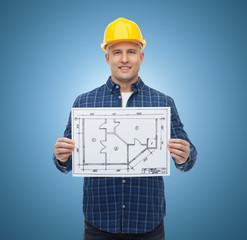 Poster - smiling male builder in helmet with blueprint