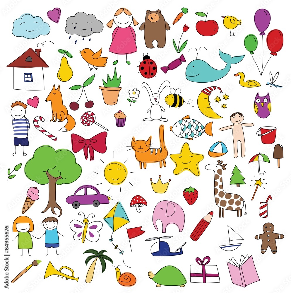 Childhood characters doodle vector set Stock Vector | Adobe Stock