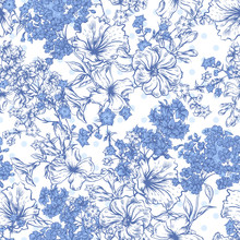 Blue Seamless Background With Spring And Summer Flowers