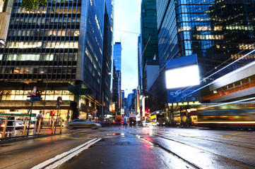 the light trails on the modern building background in Hong Kong china