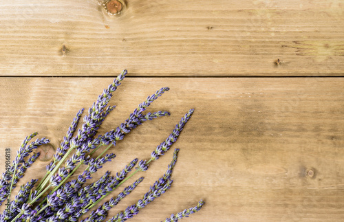 Fototapeta na wymiar Fiore di lavanda su piano di legno, texture