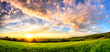Panorama of a colourful sunset on a green meadow