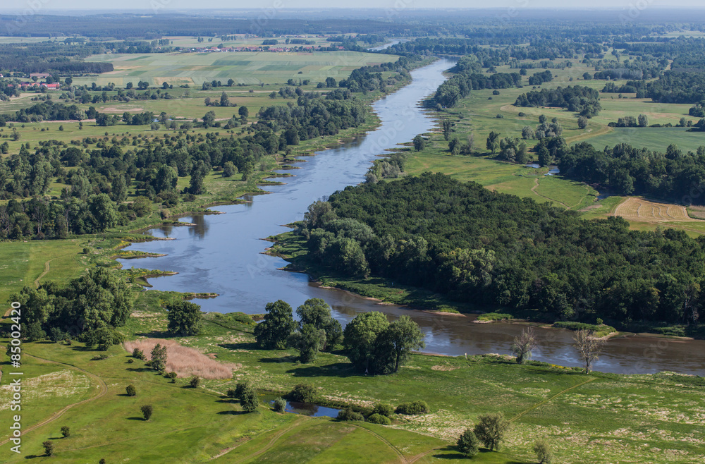 aerial view of the  Odra river near Scinawa town - obrazy, fototapety, plakaty 