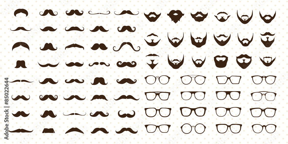 Mustaches, Beard and Sunglasses style set - obrazy, fototapety, plakaty 