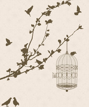 Vintage Style Card With Bird Silhouettes And Birdcage