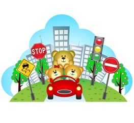 Happy bears on a car with city background and traffic sign