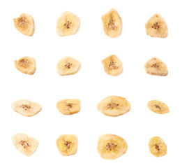 Multiple dried banana slices snacks isolated