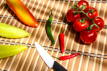 vegetable ingredients, chilly, paper, tomato