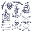 Set of vintage hand drawn pirates designed elements