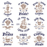 Set of vintage hand drawn pirates designed emblems, labels