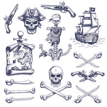 Set Of Vintage Hand Drawn Pirates Designed Elements