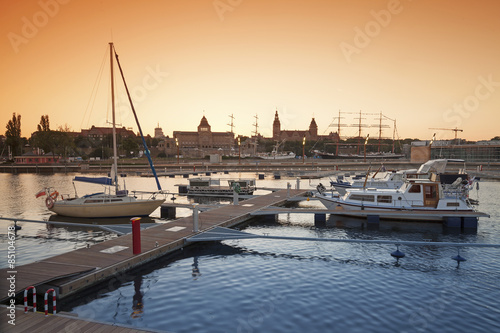 Obraz w ramie Yacht marina at sunset in Szczecin, Poland