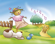Cat catching a mouse near a funny scarecrow. The gingerbread boy is singing down the hill. Digital illustration for a fairy tale.