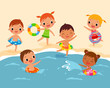 © wonwhan - illustration of children with swim ring playing at the beach in summer time