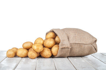 new potatoes in a bag on a white wooden table on isolated on a w