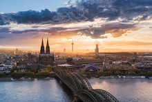 City Skyline And Rhine River At Sunset, Cologne, North Rhine Westphalia, Germany