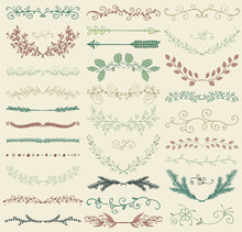 Vector Color Hand Drawn Dividers, Branches, Swirls
