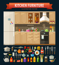 Cooking Icons Set. Kitchen Furniture And Utensils, Food. Vector