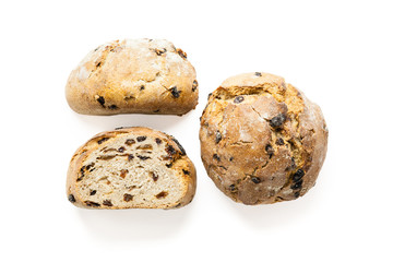 raisin bread three sided view on white