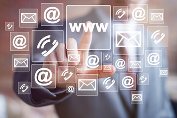 businessman pushing web button search www network communication