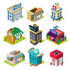 Wall Mural - Set of the Isometric City Buildings and Shops